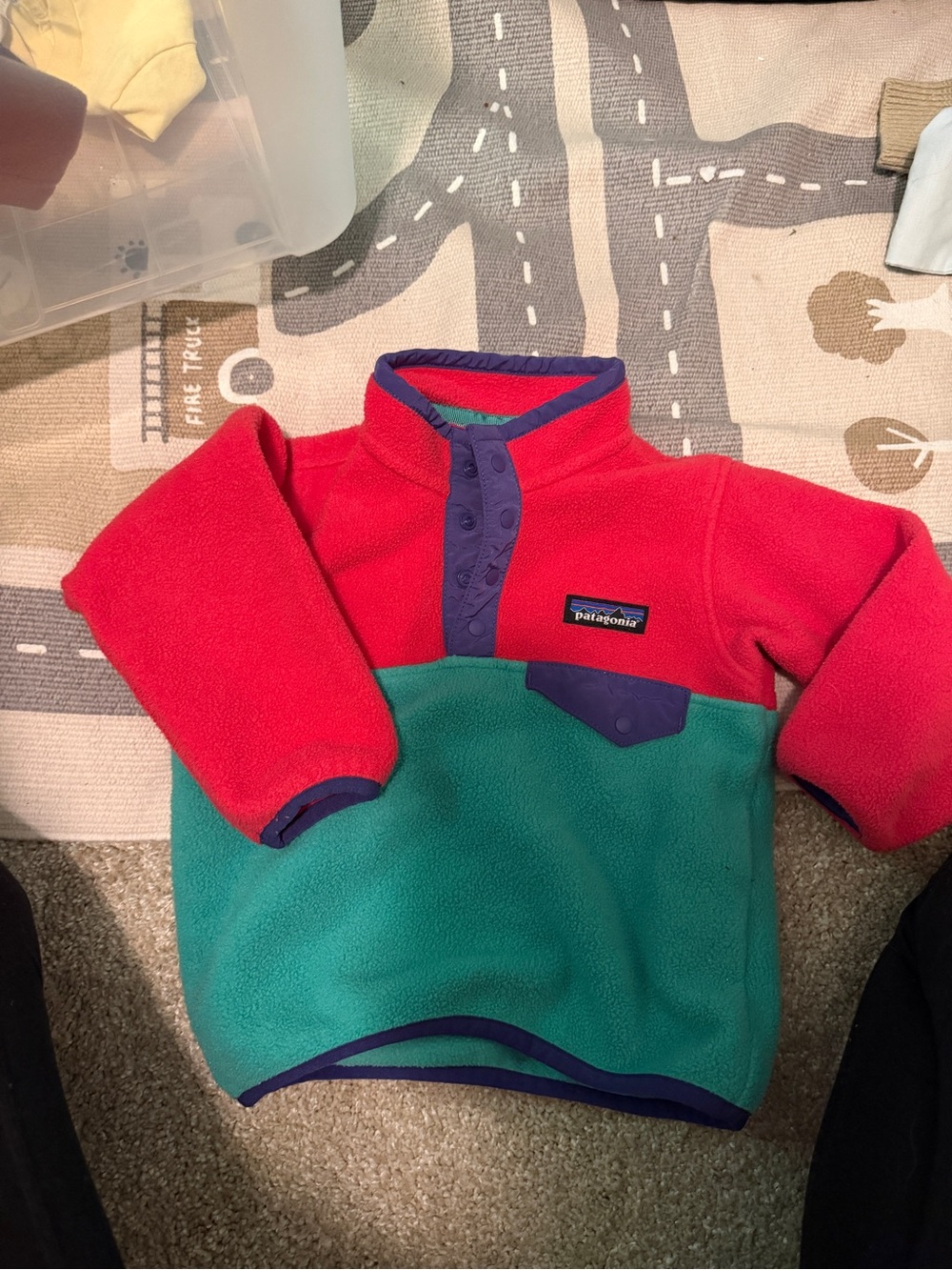 Patagonia Kids Red and Teal Snap-Fleece Pullover